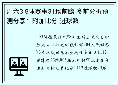 周六3.8球赛事31场前瞻 赛前分析预测分享：附加比分 进球数